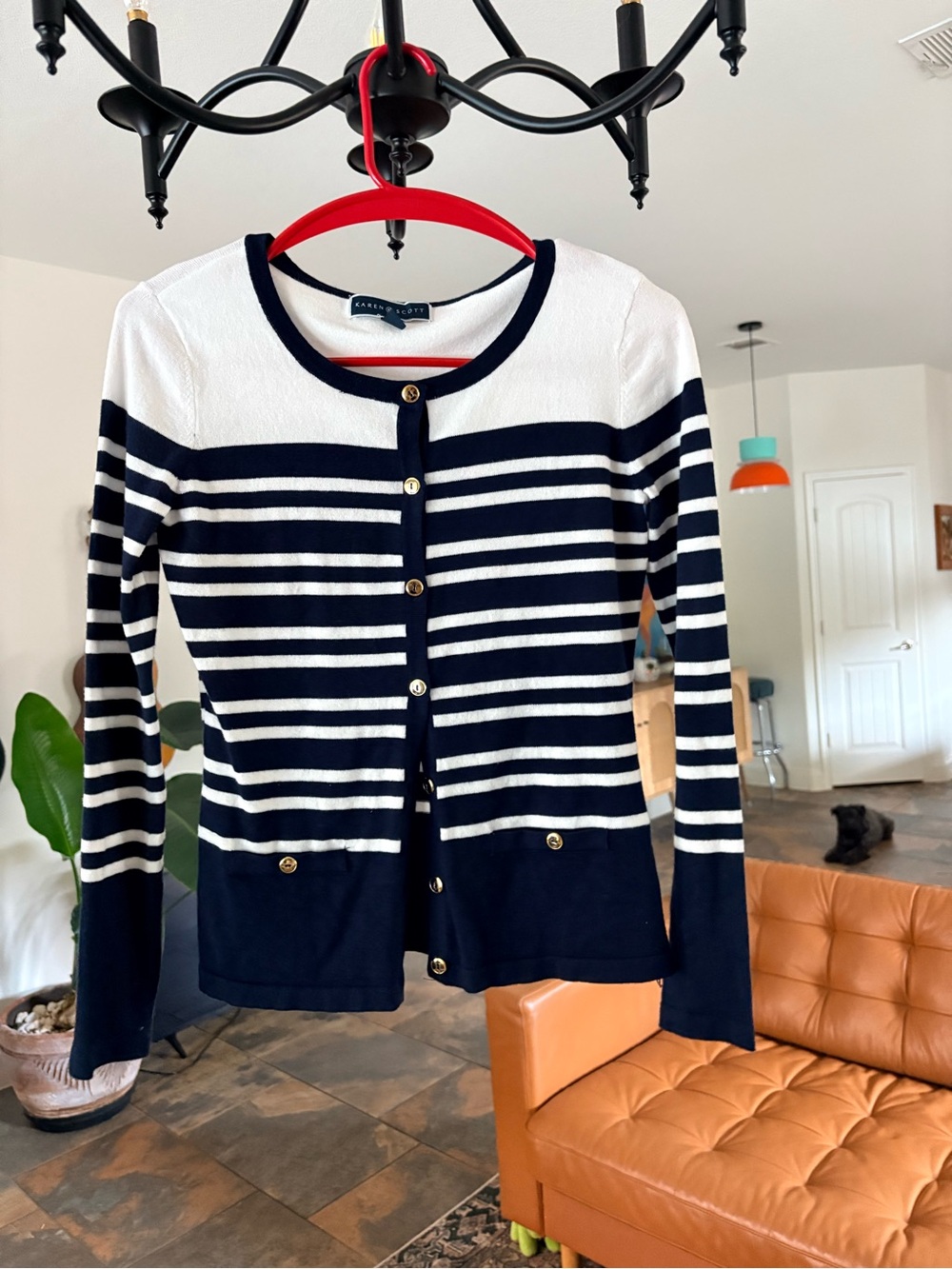 Karen Scott Navy White Striped Crew Neck Cardigan Sweater Gold Buttons XS